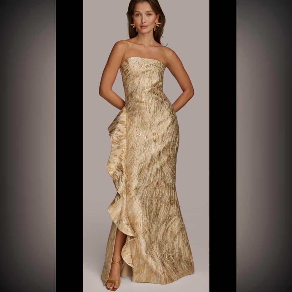 Donna Karan BROCADE RUFFLE GOWN,lightweight,champagneMulti,sz12, new,$390